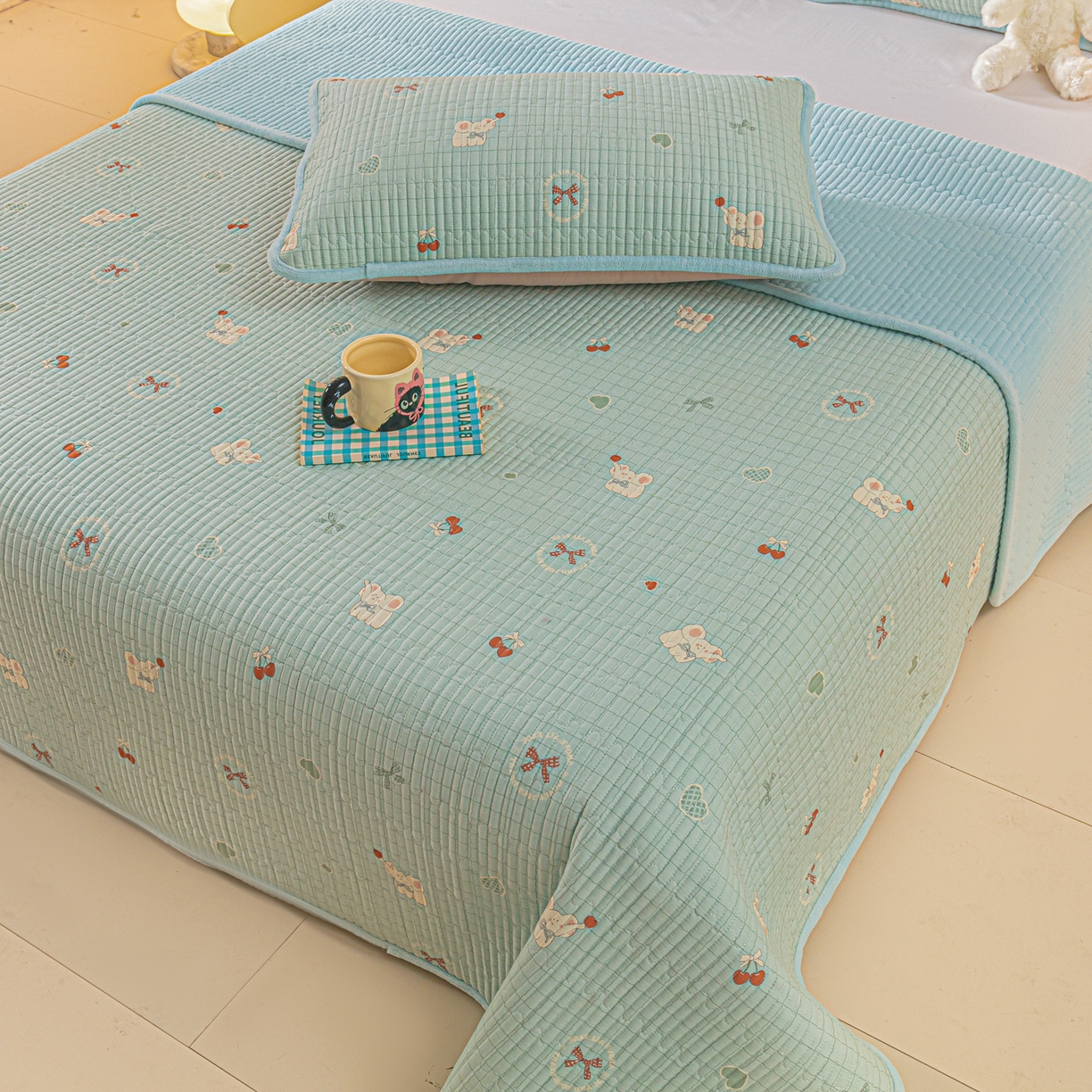 91家纺网 家纺一手货源 找家纺 恒尚居 2025新款全棉牛奶绒床盖四季可用纯棉夹棉床单床褥垫三件套-秋冬款系列二 蓝象【A纯棉-B牛奶绒】