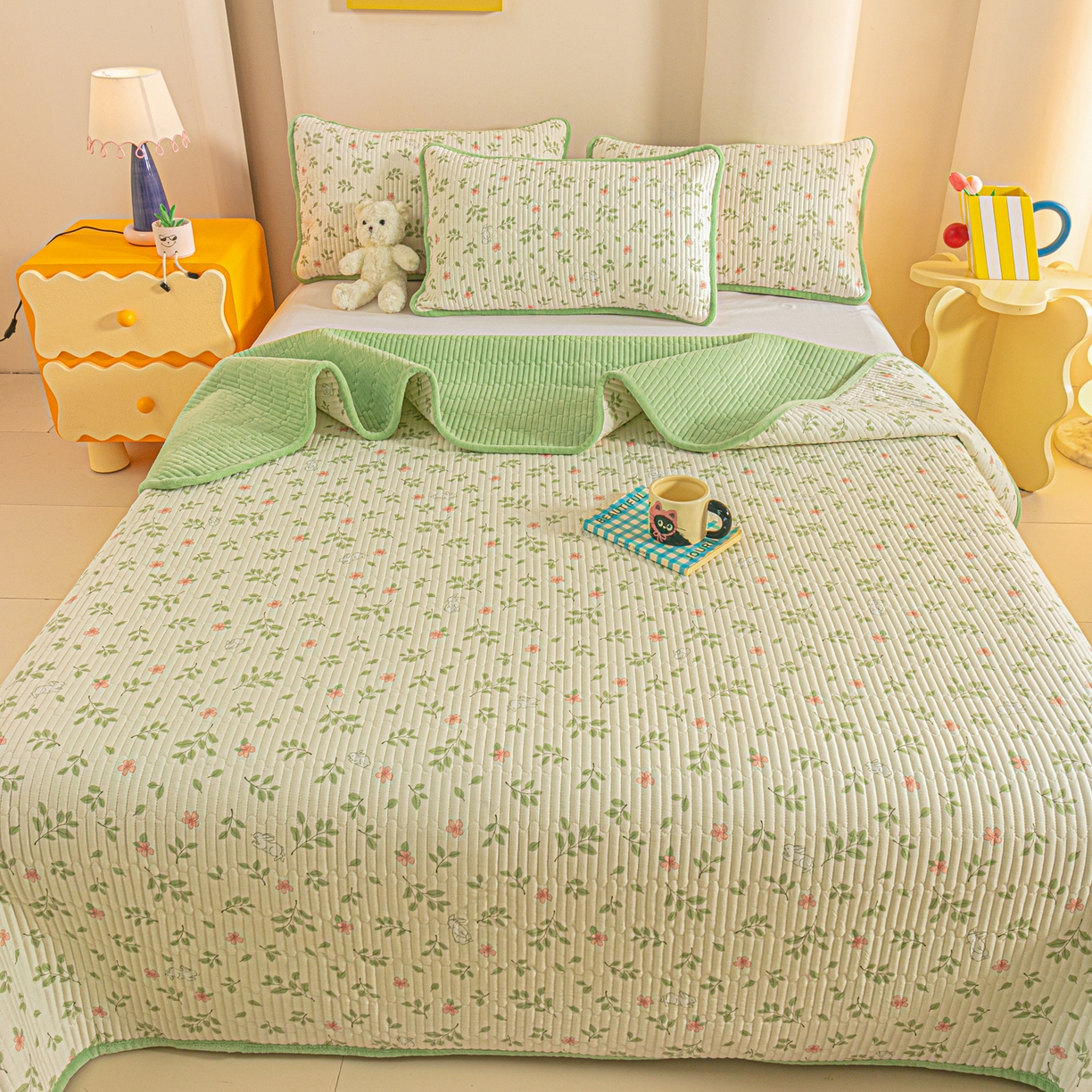 91家纺网 家纺一手货源 找家纺 恒尚居 2025新款全棉牛奶绒床盖四季可用纯棉夹棉床单床褥垫三件套-秋冬款系列二 清新雅韵【A纯棉-B牛奶绒】