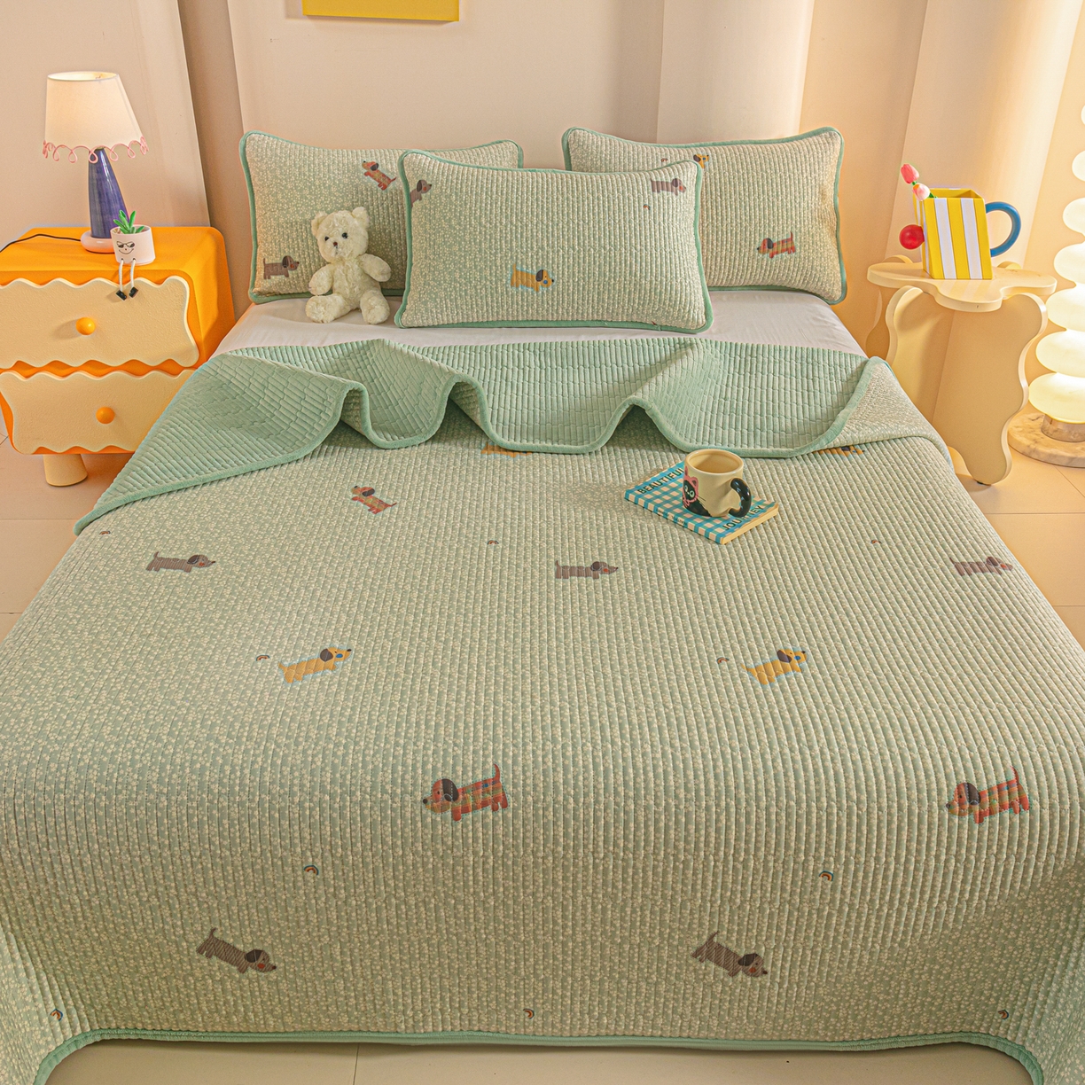 91家纺网 家纺一手货源 找家纺 恒尚居 2025新款全棉牛奶绒床盖四季可用纯棉夹棉床单床褥垫三件套-秋冬款系列二 布丁狗【A纯棉-B牛奶绒】