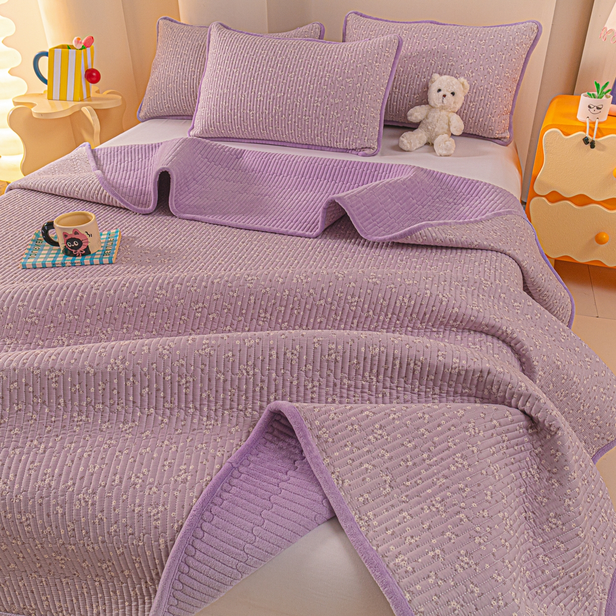 91家纺网 家纺一手货源 找家纺 恒尚居 2025新款全棉牛奶绒床盖四季可用纯棉夹棉床单床褥垫三件套-秋冬款系列二 花言【A纯棉-B牛奶绒】