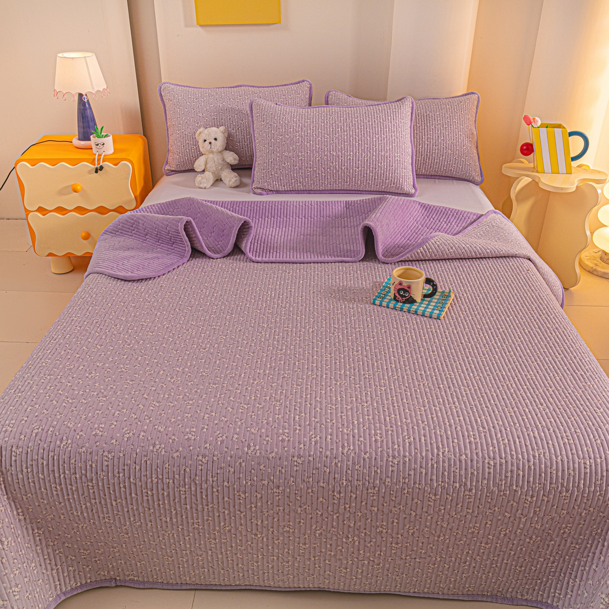 91家纺网 家纺一手货源 找家纺 恒尚居 2025新款全棉牛奶绒床盖四季可用纯棉夹棉床单床褥垫三件套-秋冬款系列二 花言【A纯棉-B牛奶绒】