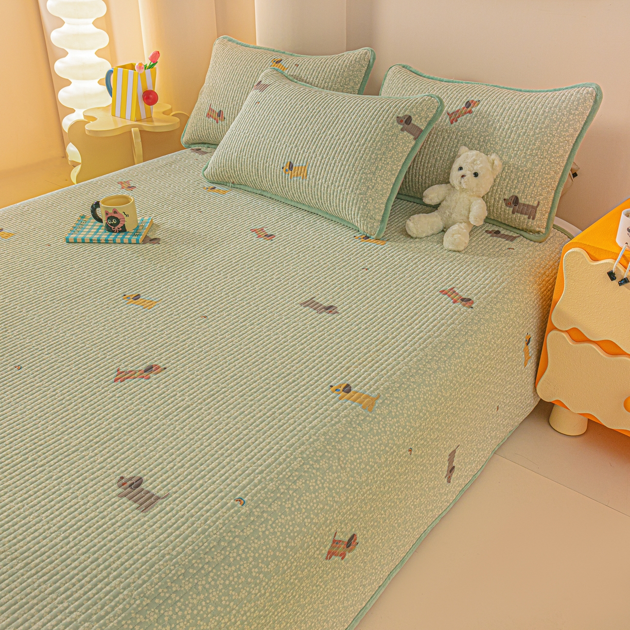 91家纺网 家纺一手货源 找家纺 恒尚居 2025新款全棉牛奶绒床盖四季可用纯棉夹棉床单床褥垫三件套-秋冬款系列二 布丁狗【A纯棉-B牛奶绒】