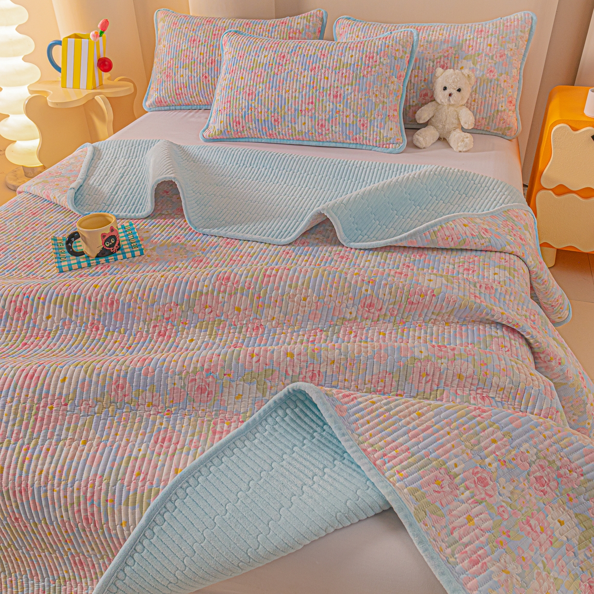 91家纺网 家纺一手货源 找家纺 恒尚居 2025新款全棉牛奶绒床盖四季可用纯棉夹棉床单床褥垫三件套-秋冬款系列二 梦幻【A纯棉-B牛奶绒】