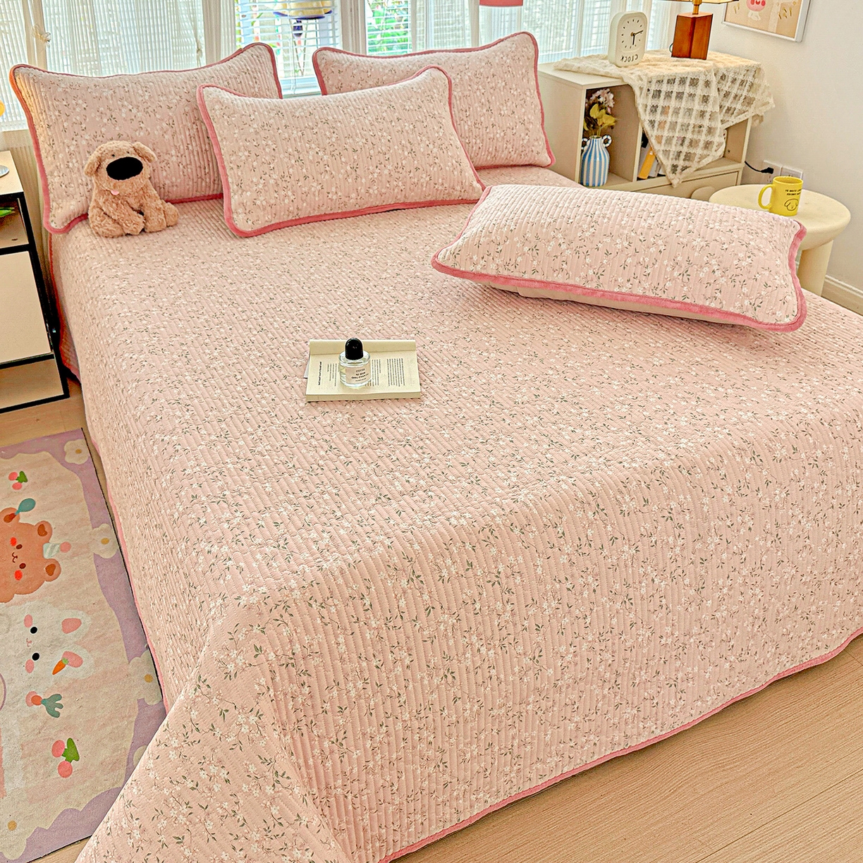 91家纺网 家纺一手货源 找家纺 恒尚居 2025新款全棉牛奶绒床盖四季可用纯棉夹棉床单床褥垫三件套-秋冬款系列二 樱花灿灿