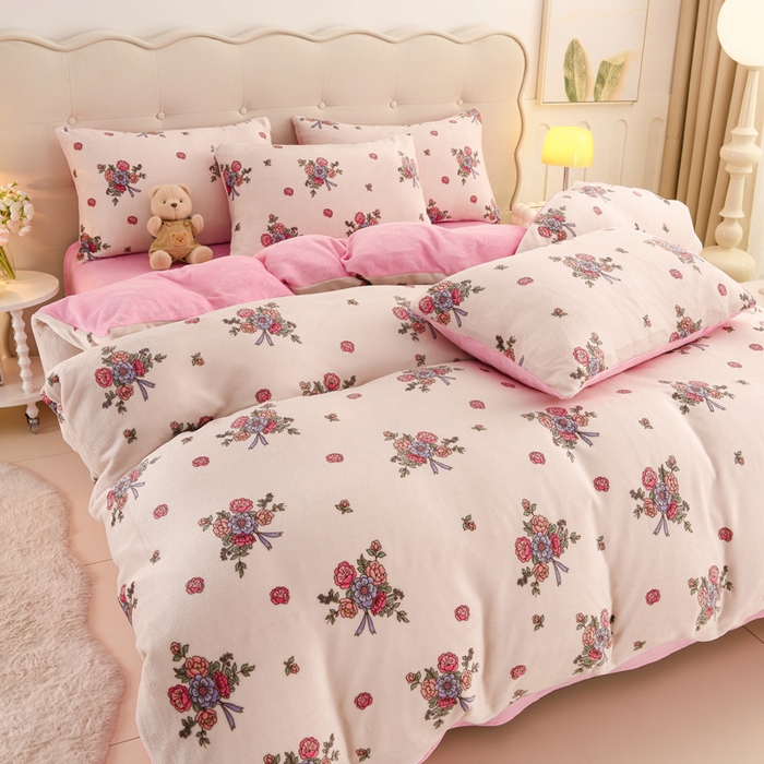 91家纺网 家纺一手货源 找家纺 千姿坊 2025新款A类牛奶绒印花四件套小清新款 2粉色绮梦