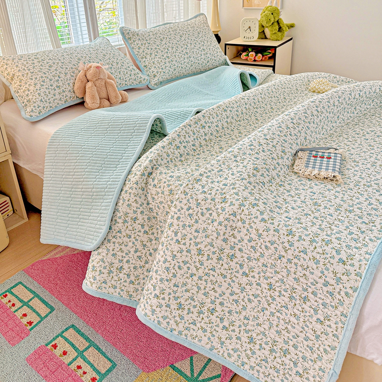 91家纺网 家纺一手货源 找家纺 恒尚居 2025新款全棉牛奶绒床盖四季可用纯棉夹棉床单床褥垫三件套-秋冬款系列二 蓝韵【A纯棉-B牛奶绒】