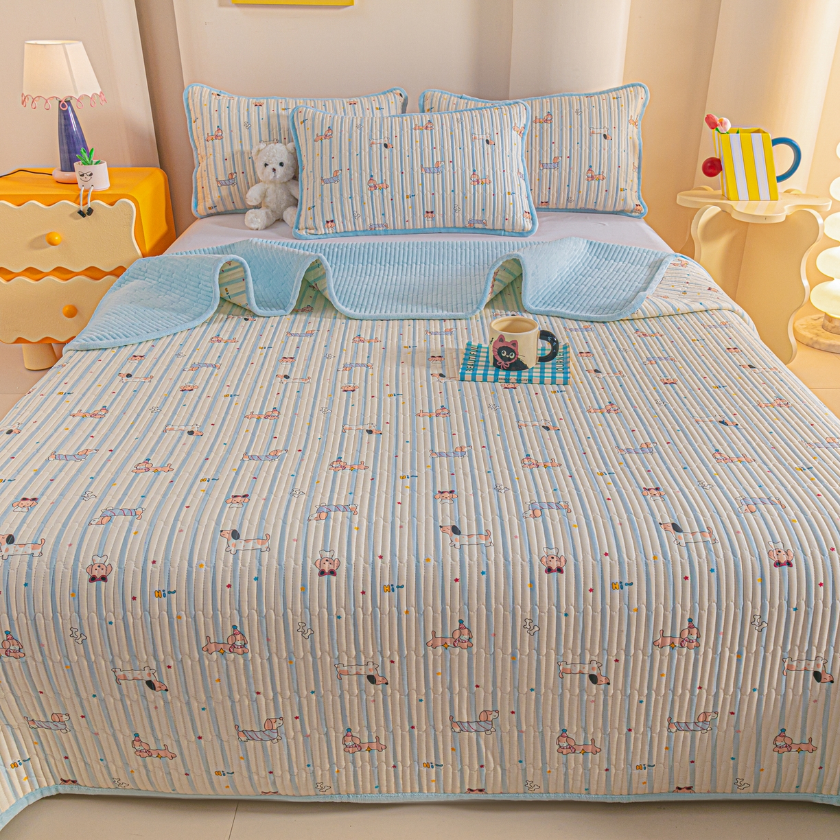 91家纺网 家纺一手货源 找家纺 恒尚居 2025新款全棉牛奶绒床盖四季可用纯棉夹棉床单床褥垫三件套-秋冬款系列二 机灵旺仔【A纯棉-B牛奶绒】