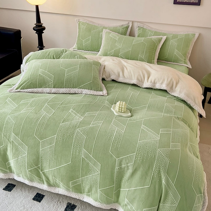 91家纺网 家纺一手货源 找家纺 琪格格纺织 2025新款全消光包边立体简约清新雕花绒四件套 包边绒 繁星闪耀绿