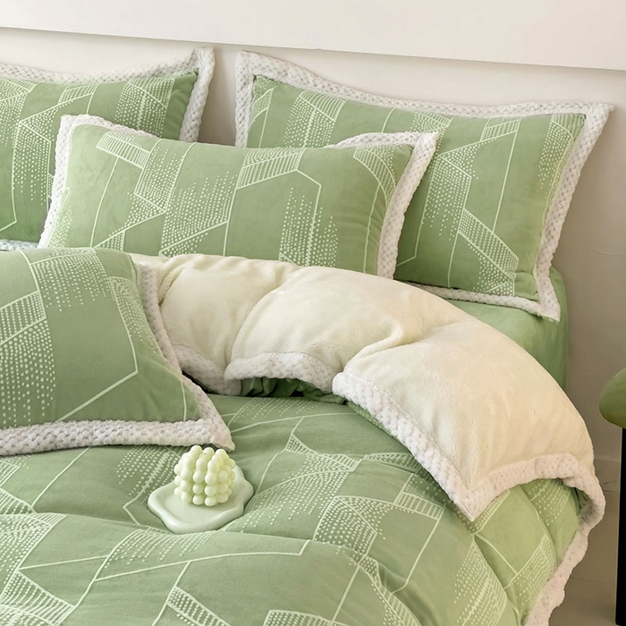 91家纺网 家纺一手货源 找家纺 琪格格纺织 2025新款全消光包边立体简约清新雕花绒四件套 包边绒 繁星闪耀绿