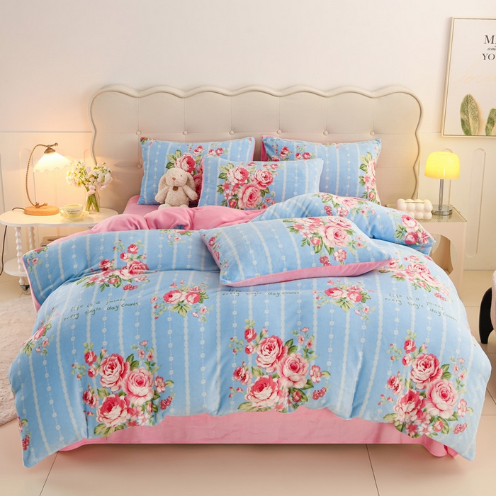 千姿坊 2025新款A类牛奶绒印花四件套小清新款 5浅蓝玫瑰