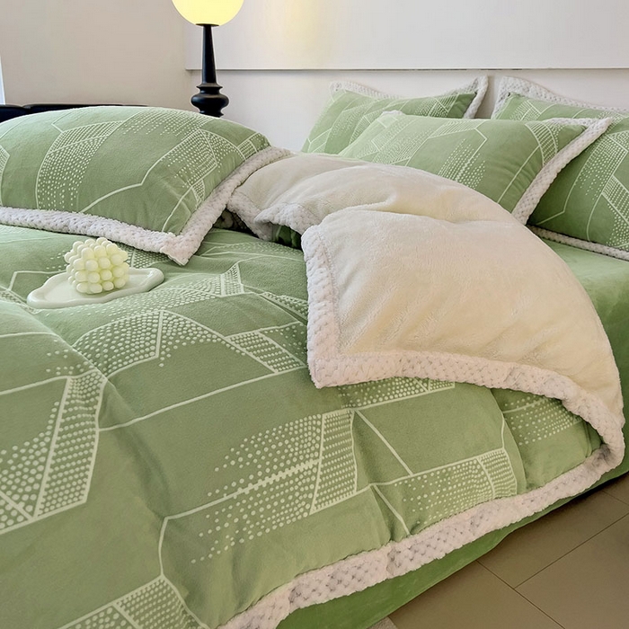 91家纺网 家纺一手货源 找家纺 琪格格纺织 2025新款全消光包边立体简约清新雕花绒四件套 包边绒 繁星闪耀绿