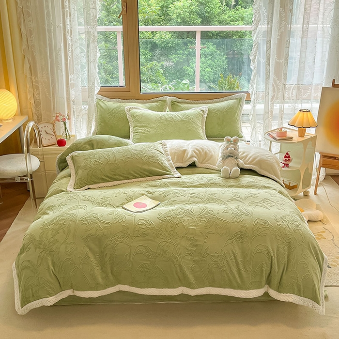 琪格格纺织 2025新款全消光包边立体简约清新雕花绒四件套 雕花包边-枝枝叶叶 浅绿