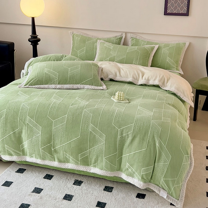 91家纺网 家纺一手货源 找家纺 琪格格纺织 2025新款全消光包边立体简约清新雕花绒四件套 包边绒 繁星闪耀绿