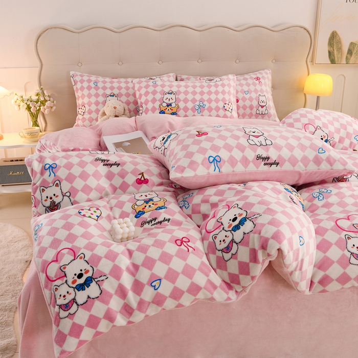 91家纺网 家纺一手货源 找家纺 千姿坊 2025新款A类牛奶绒印花四件套小清新款 15甜心喵