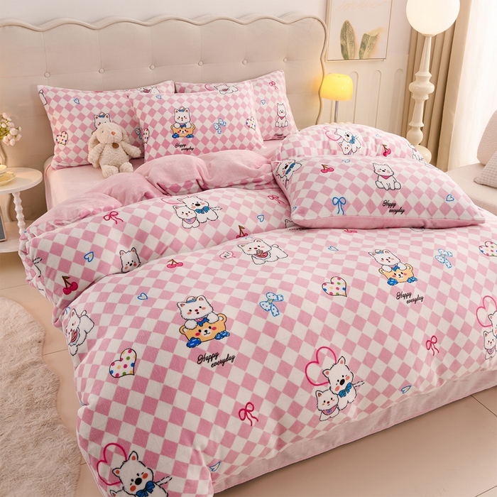 91家纺网 家纺一手货源 找家纺 千姿坊 2025新款A类牛奶绒印花四件套小清新款 15甜心喵