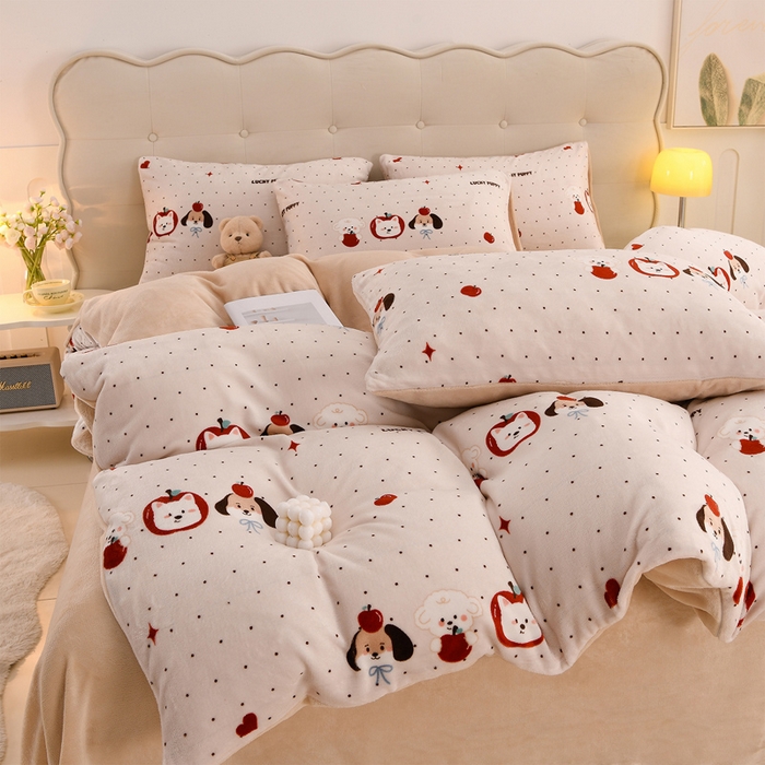 91家纺网 家纺一手货源 找家纺 千姿坊 2025新款A类牛奶绒印花四件套小清新款 17点点萌园