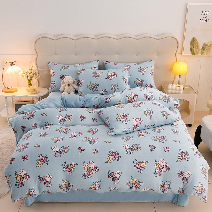 千姿坊 2025新款A类牛奶绒印花四件套小清新款 19花漾兔语