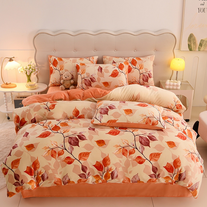 千姿坊 2025新款A类牛奶绒印花四件套小清新款 20秋之叶语