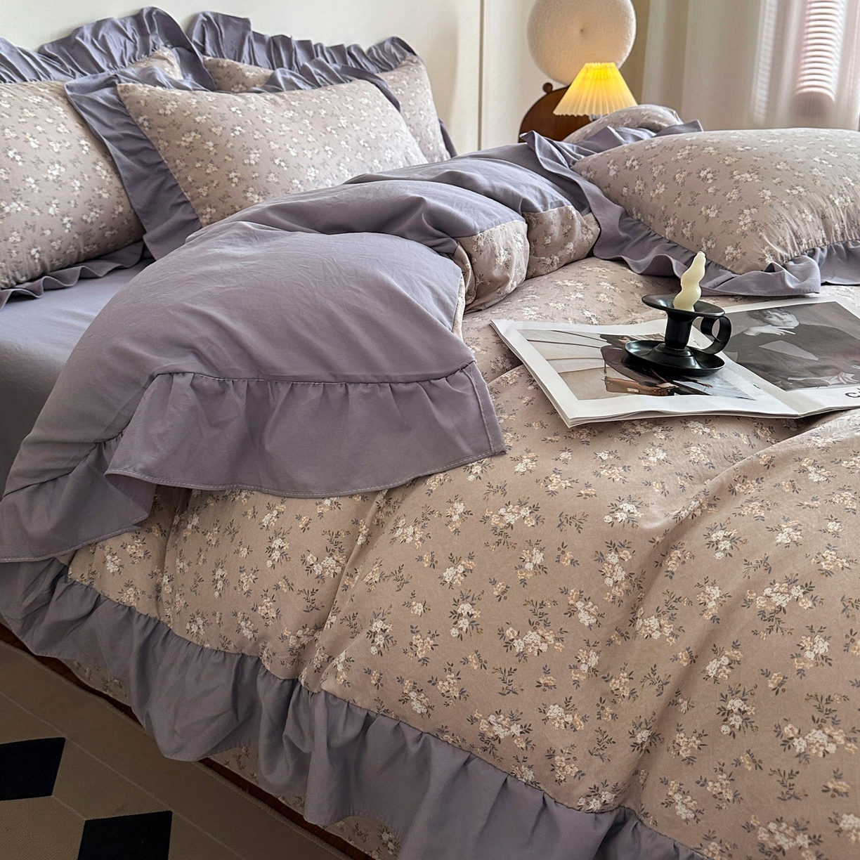 91家纺网 家纺一手货源 找家纺 梦莱斯 2025新款高克重云感棉四件套-花边款 浅褐疏影