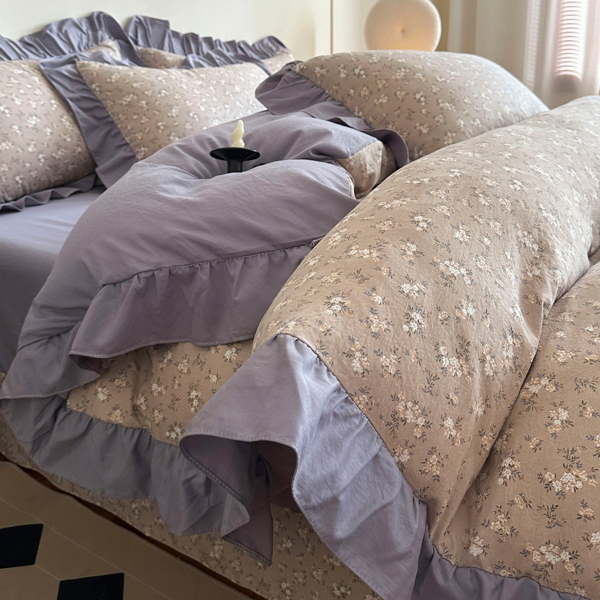 梦莱斯 2025新款高克重云感棉四件套-花边款 浅褐疏影