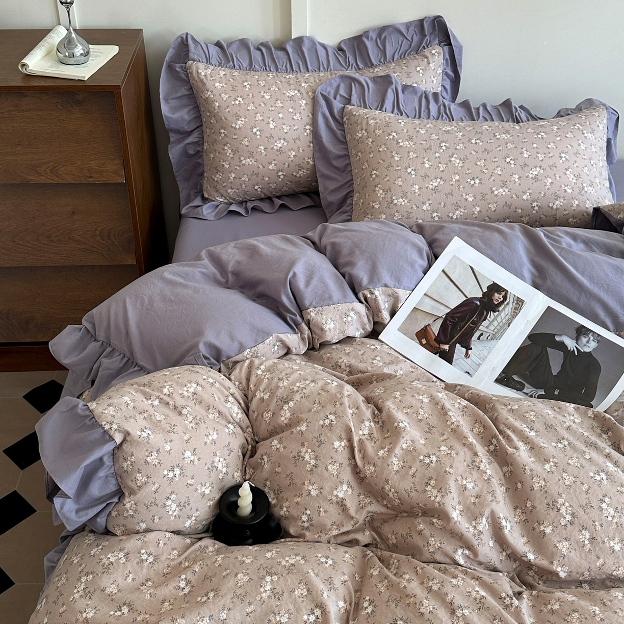 91家纺网 家纺一手货源 找家纺 梦莱斯 2025新款高克重云感棉四件套-花边款 浅褐疏影