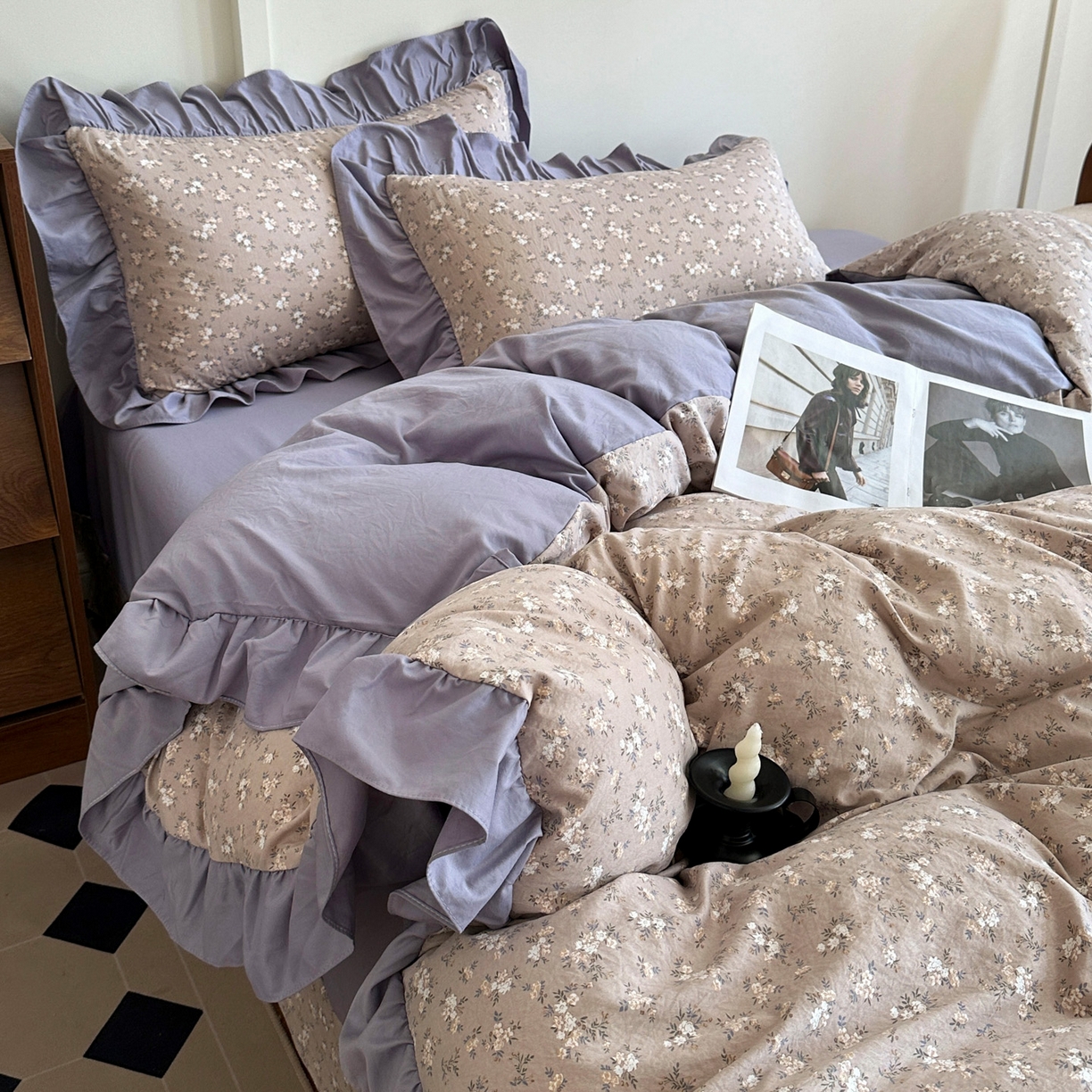 91家纺网 家纺一手货源 找家纺 梦莱斯 2025新款高克重云感棉四件套-花边款 浅褐疏影