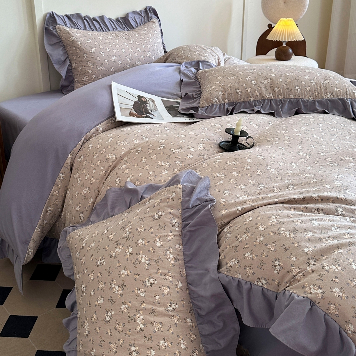 91家纺网 家纺一手货源 找家纺 梦莱斯 2025新款高克重云感棉四件套-花边款 浅褐疏影