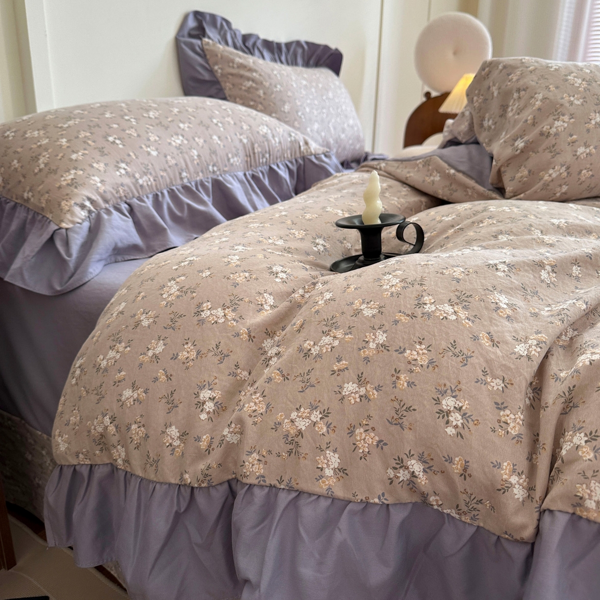 91家纺网 家纺一手货源 找家纺 梦莱斯 2025新款高克重云感棉四件套-花边款 浅褐疏影