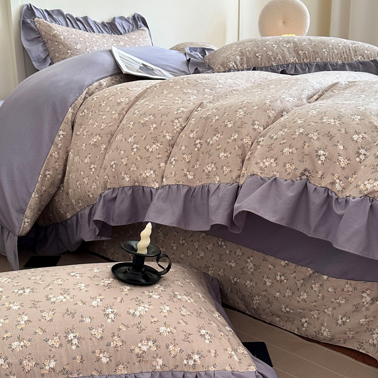 91家纺网 家纺一手货源 找家纺 梦莱斯 2025新款高克重云感棉四件套-花边款 浅褐疏影