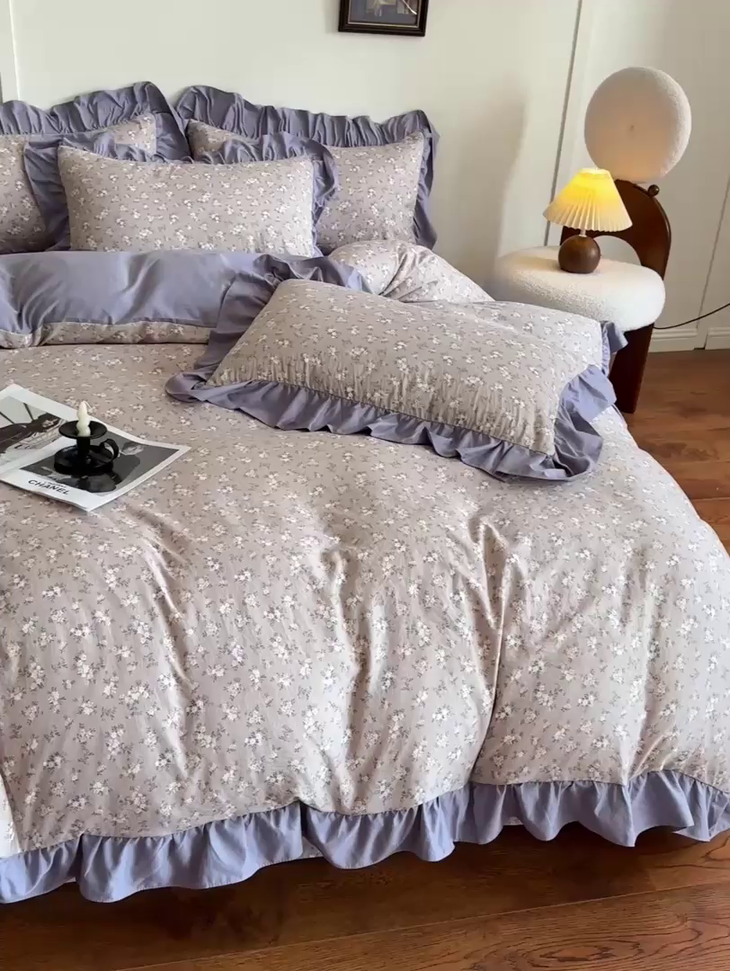 91家纺网 家纺一手货源 找家纺 梦莱斯 2025新款高克重云感棉四件套-花边款 浅褐疏影