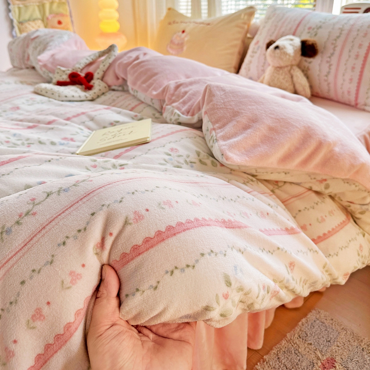 91家纺网 家纺一手货源 找家纺 麦朵家居 2025新款高克重毛球绣花四件套印花牛奶绒四件套高克重宝宝绒床裙款四件套牛奶绒床笠兔绒三件套 曼琳粉