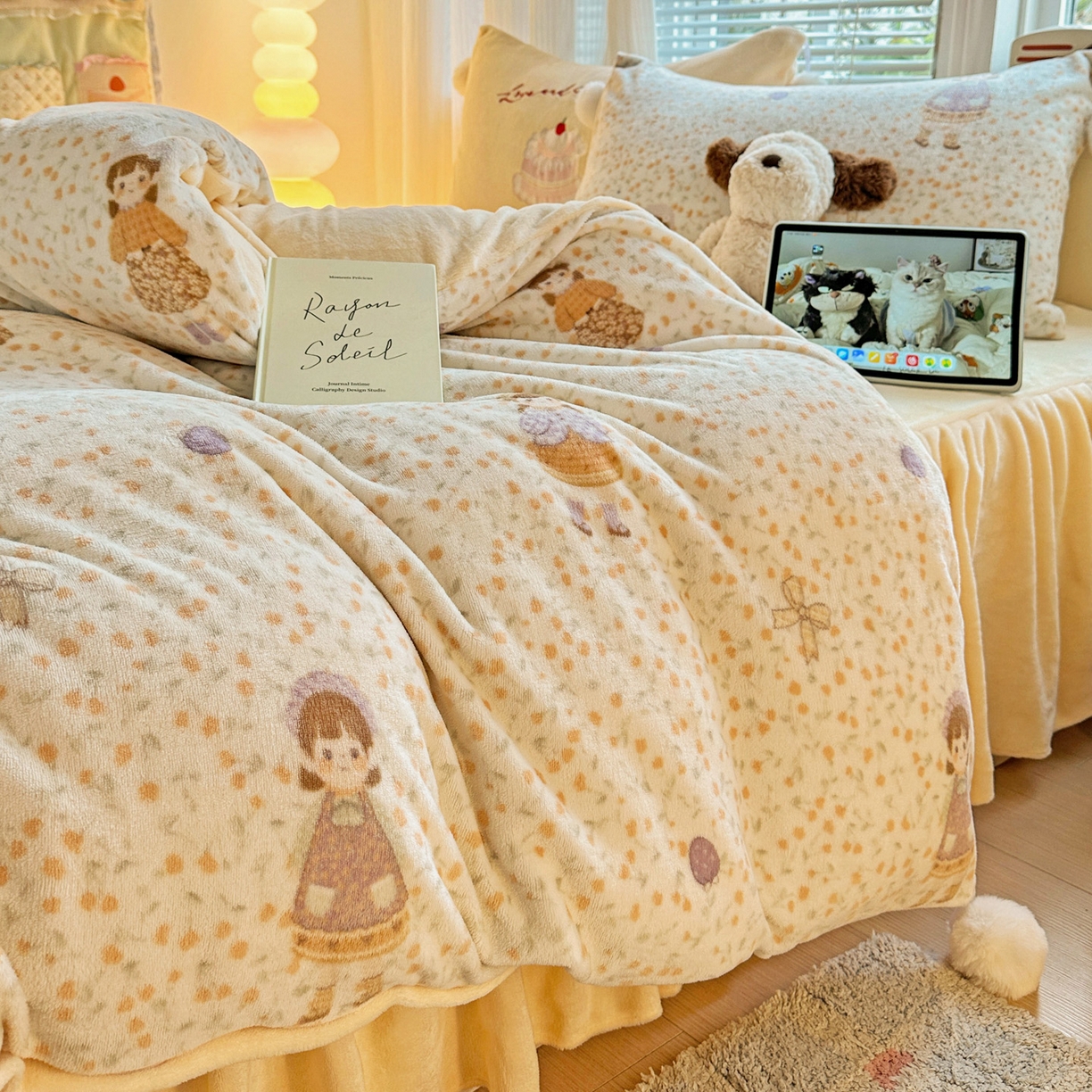 91家纺网 家纺一手货源 找家纺 麦朵家居 2025新款高克重毛球绣花四件套印花牛奶绒四件套高克重宝宝绒床裙款四件套牛奶绒床笠兔绒三件套 可爱女孩