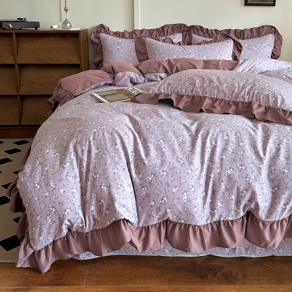 梦莱斯 2025新款高克重云感棉四件套-花边款 柔紫花绪