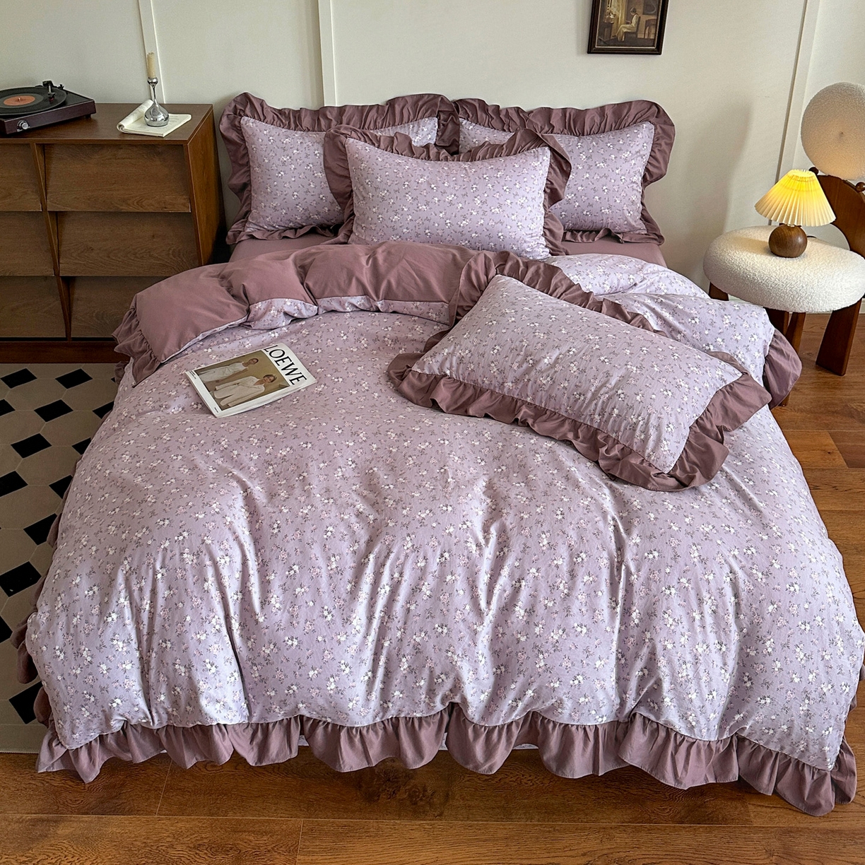 91家纺网 家纺一手货源 找家纺 梦莱斯 2025新款高克重云感棉四件套-花边款 柔紫花绪