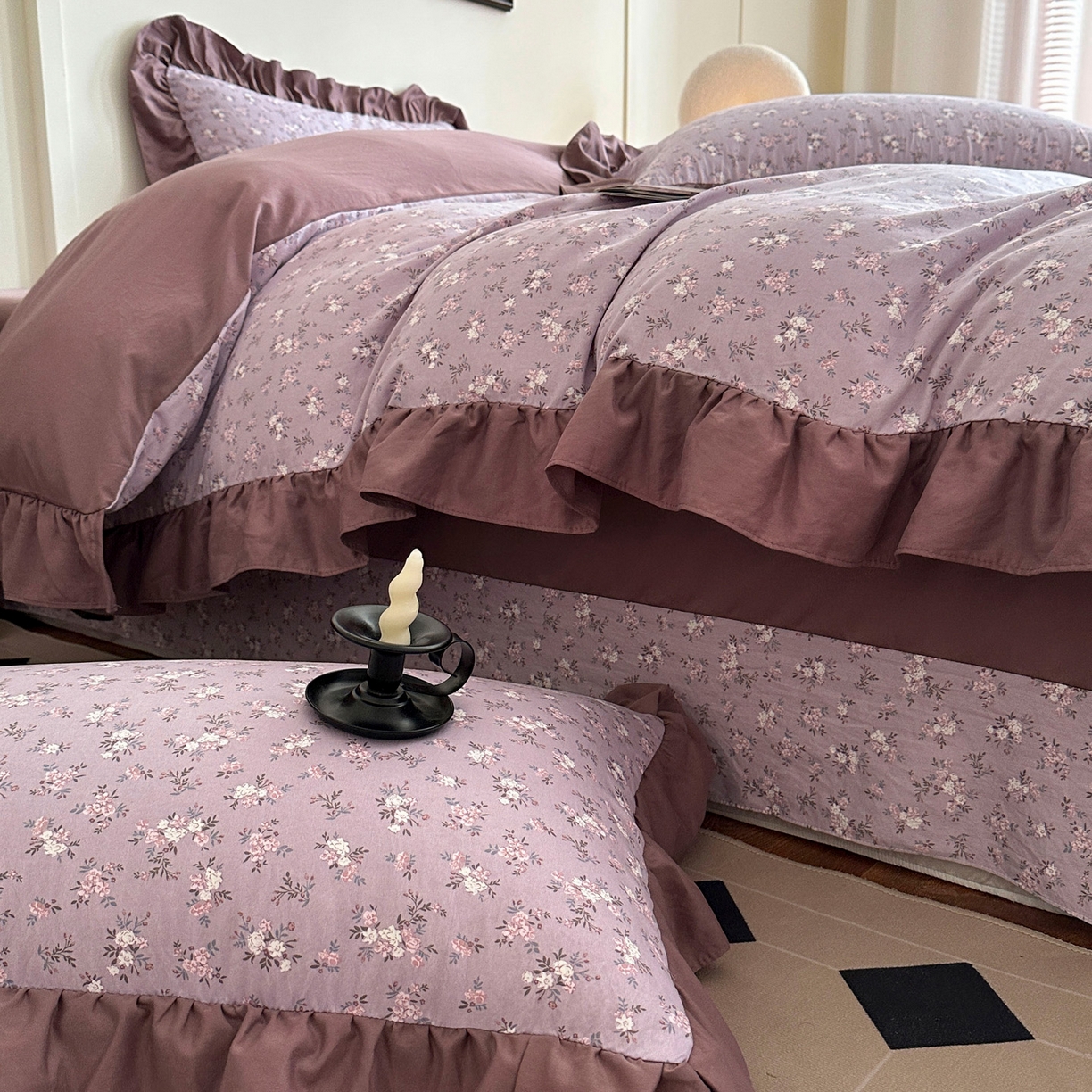 91家纺网 家纺一手货源 找家纺 梦莱斯 2025新款高克重云感棉四件套-花边款 柔紫花绪