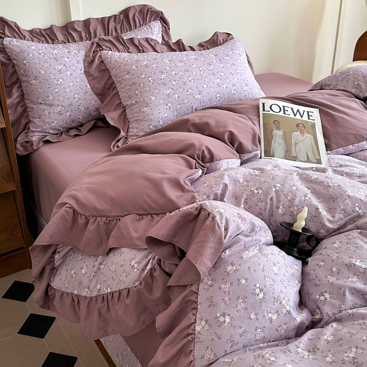 91家纺网 家纺一手货源 找家纺 梦莱斯 2025新款高克重云感棉四件套-花边款 柔紫花绪