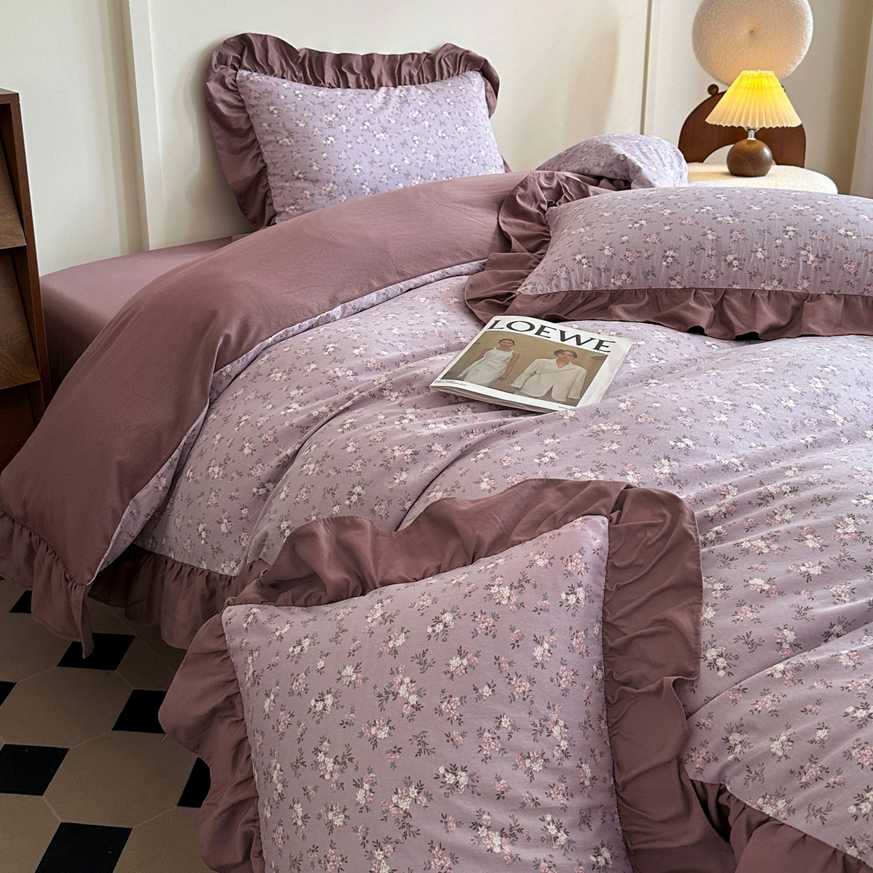 91家纺网 家纺一手货源 找家纺 梦莱斯 2025新款高克重云感棉四件套-花边款 柔紫花绪