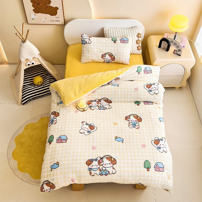 91家纺网 家纺一手货源 找家纺 鱼宝 2025新款牛奶绒可拆卸被套被芯幼儿园被子 糯米狗