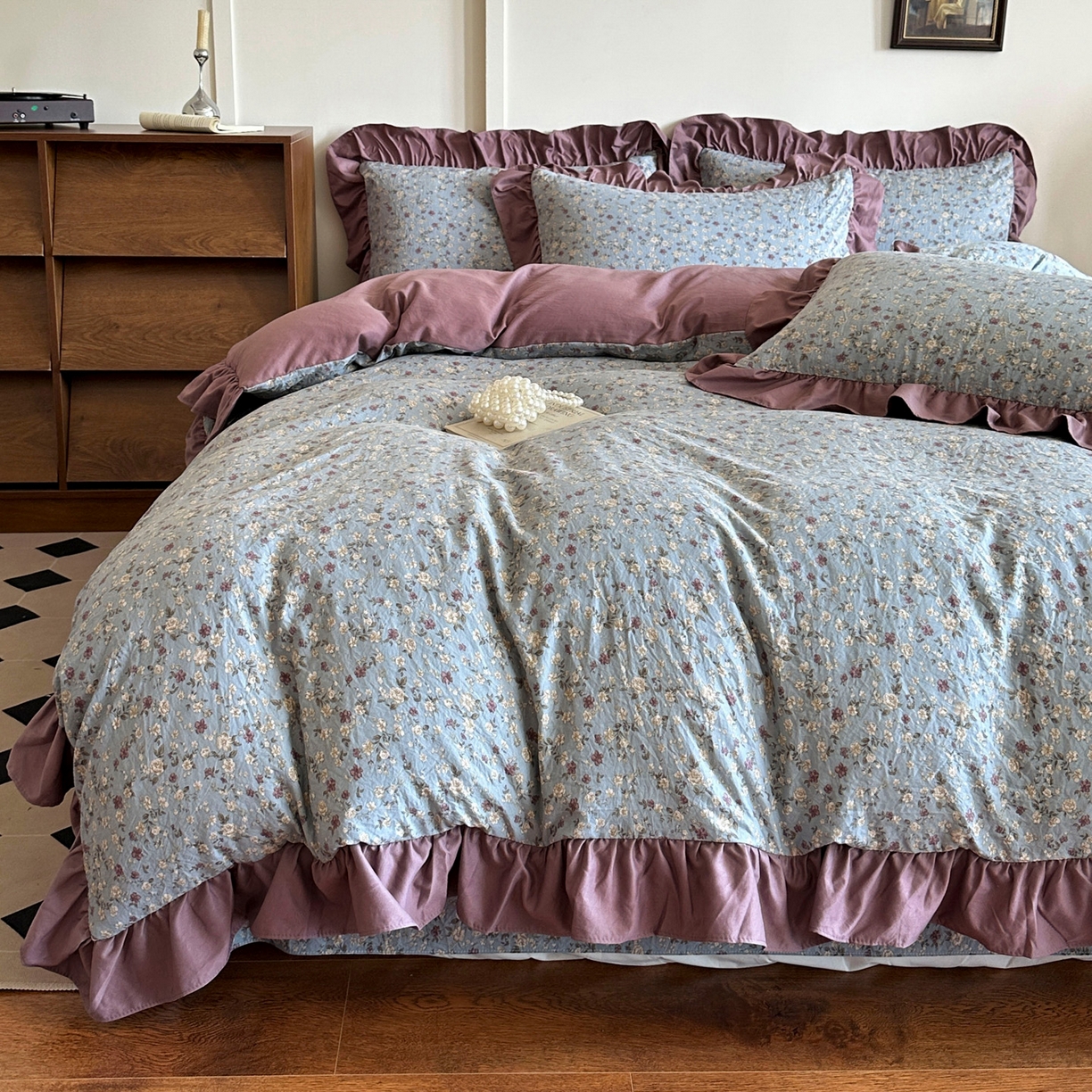 梦莱斯 2025新款高克重云感棉四件套-花边款 紫雾漫花