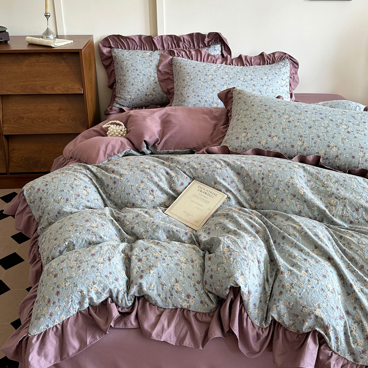 91家纺网 家纺一手货源 找家纺 梦莱斯 2025新款高克重云感棉四件套-花边款 紫雾漫花