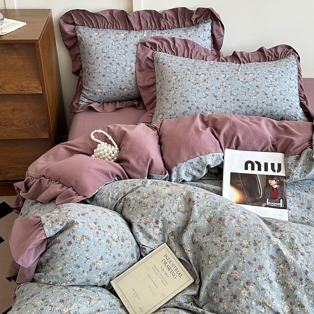 91家纺网 家纺一手货源 找家纺 梦莱斯 2025新款高克重云感棉四件套-花边款 紫雾漫花