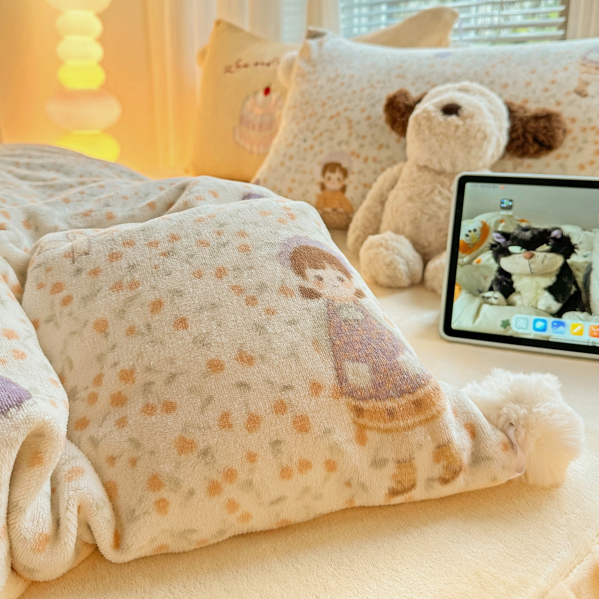 91家纺网 家纺一手货源 找家纺 麦朵家居 2025新款高克重毛球绣花四件套印花牛奶绒四件套高克重宝宝绒床裙款四件套牛奶绒床笠兔绒三件套 可爱女孩