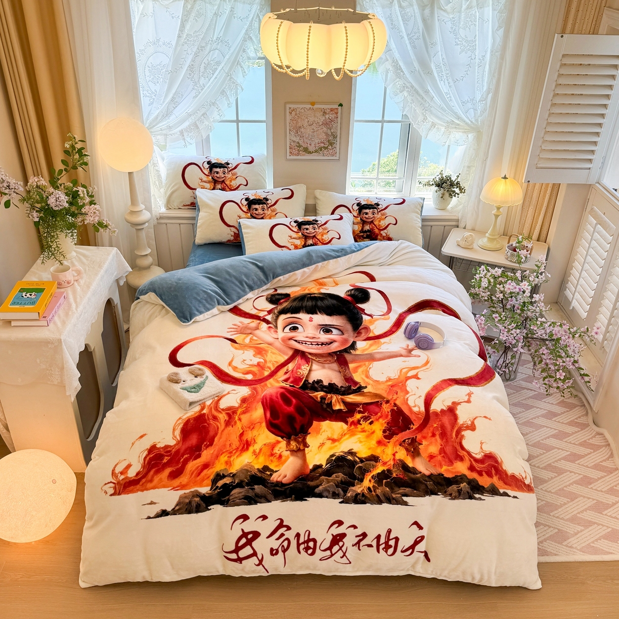 91家纺网 家纺一手货源 找家纺 馨语家居 2025新款直播热款高克重保暖卡通牛奶绒印花四件套 浴火哪吒