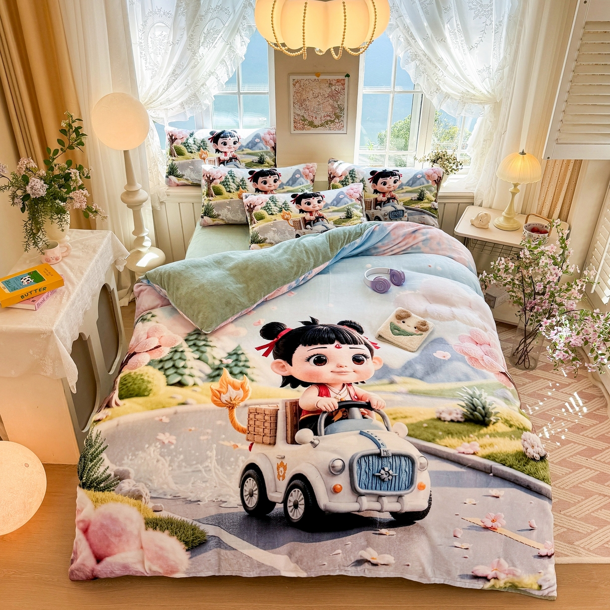 91家纺网 家纺一手货源 找家纺 馨语家居 2025新款直播热款高克重保暖卡通牛奶绒印花四件套 郊游哪吒