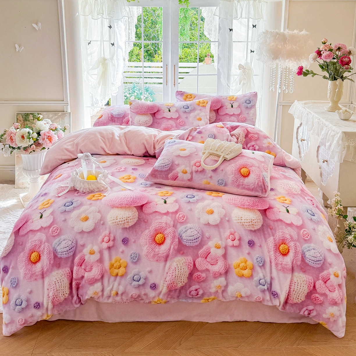 91家纺网 家纺一手货源 找家纺 馨语家居 2025新款直播热款高克重保暖卡通牛奶绒印花四件套 一路生花