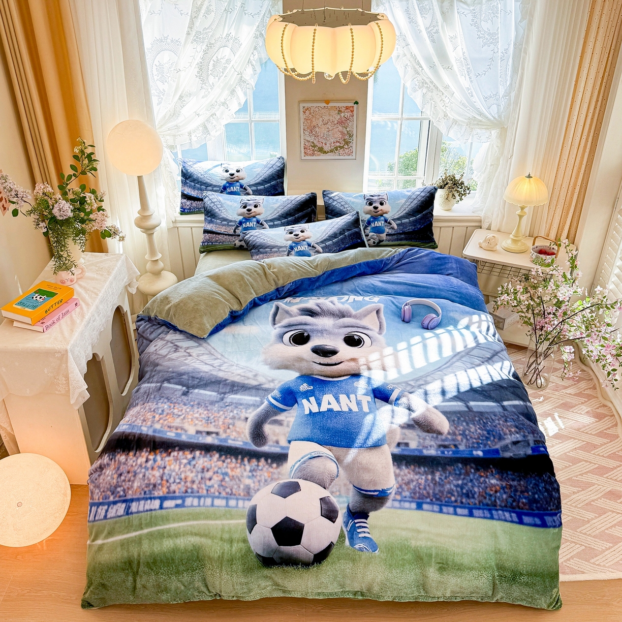 91家纺网 家纺一手货源 找家纺 馨语家居 2025新款直播热款高克重保暖卡通牛奶绒印花四件套 南通狼