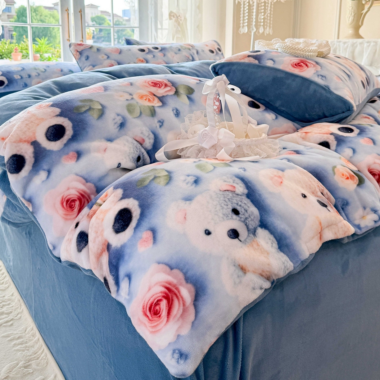 91家纺网 家纺一手货源 找家纺 馨语家居 2025新款直播热款高克重保暖卡通牛奶绒印花四件套 针织小熊