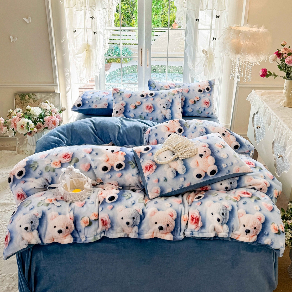 91家纺网 家纺一手货源 找家纺 馨语家居 2025新款直播热款高克重保暖卡通牛奶绒印花四件套 针织小熊