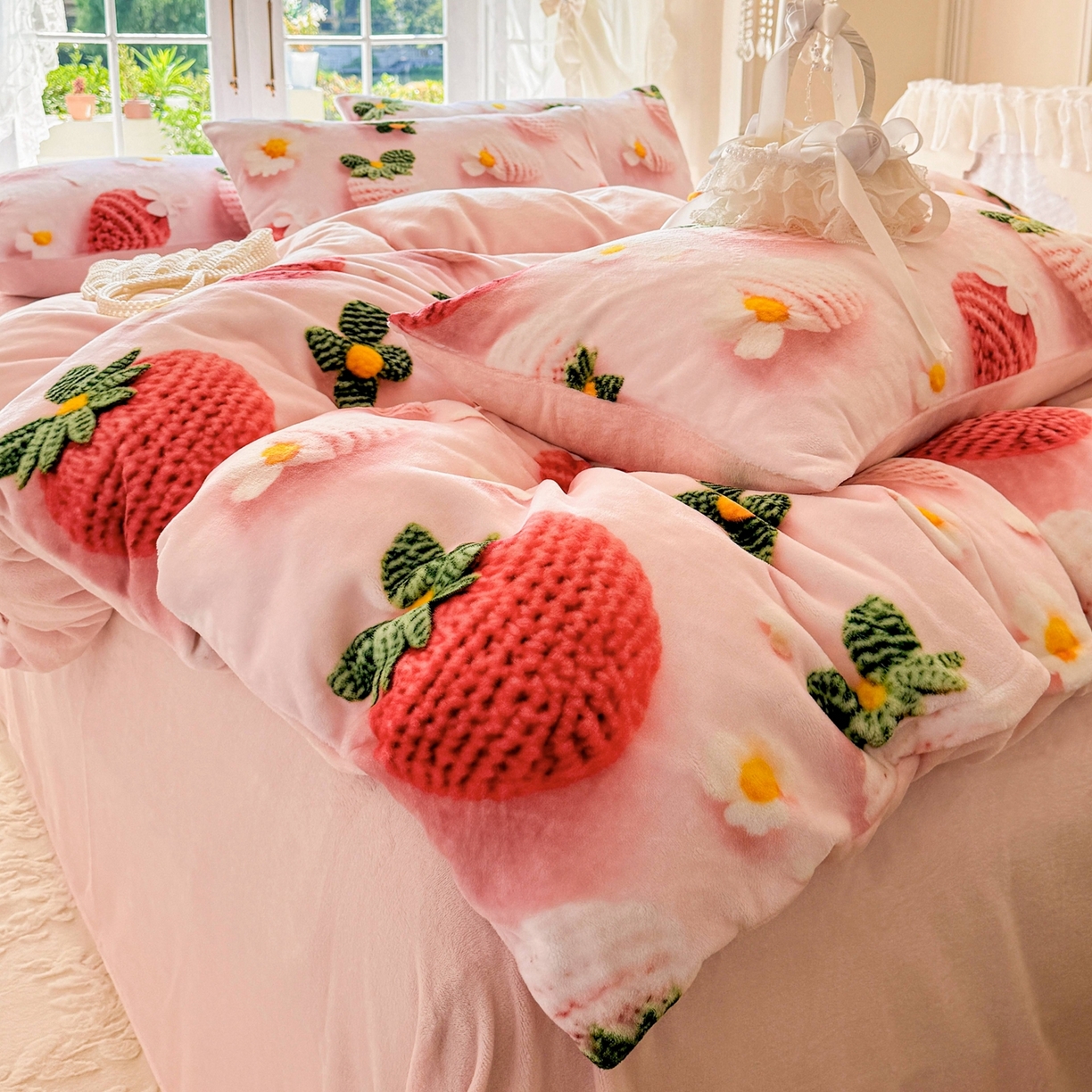 91家纺网 家纺一手货源 找家纺 馨语家居 2025新款直播热款高克重保暖卡通牛奶绒印花四件套 幸运草莓