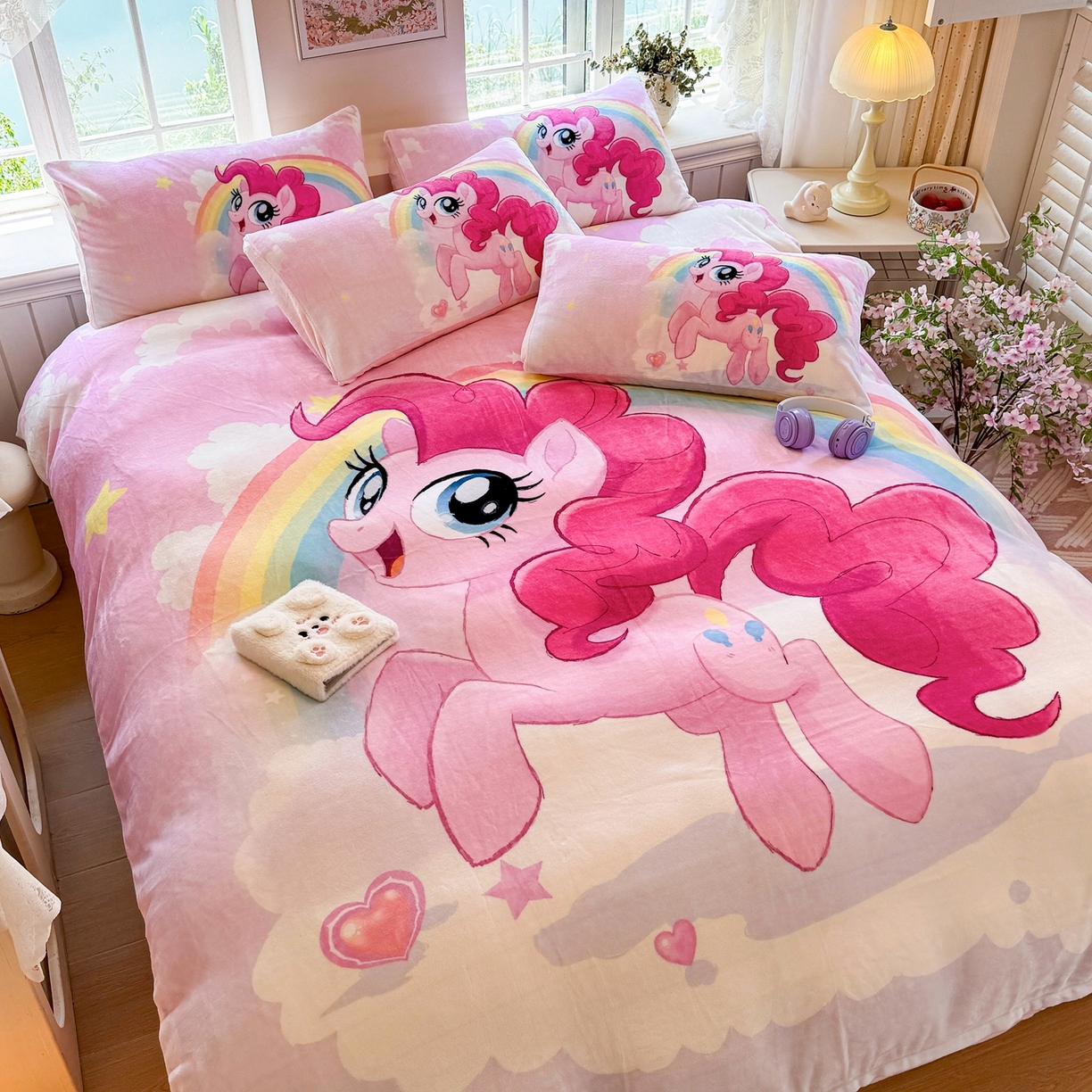 91家纺网 家纺一手货源 找家纺 馨语家居 2025新款直播热款高克重保暖卡通牛奶绒印花四件套 彩虹碧琪